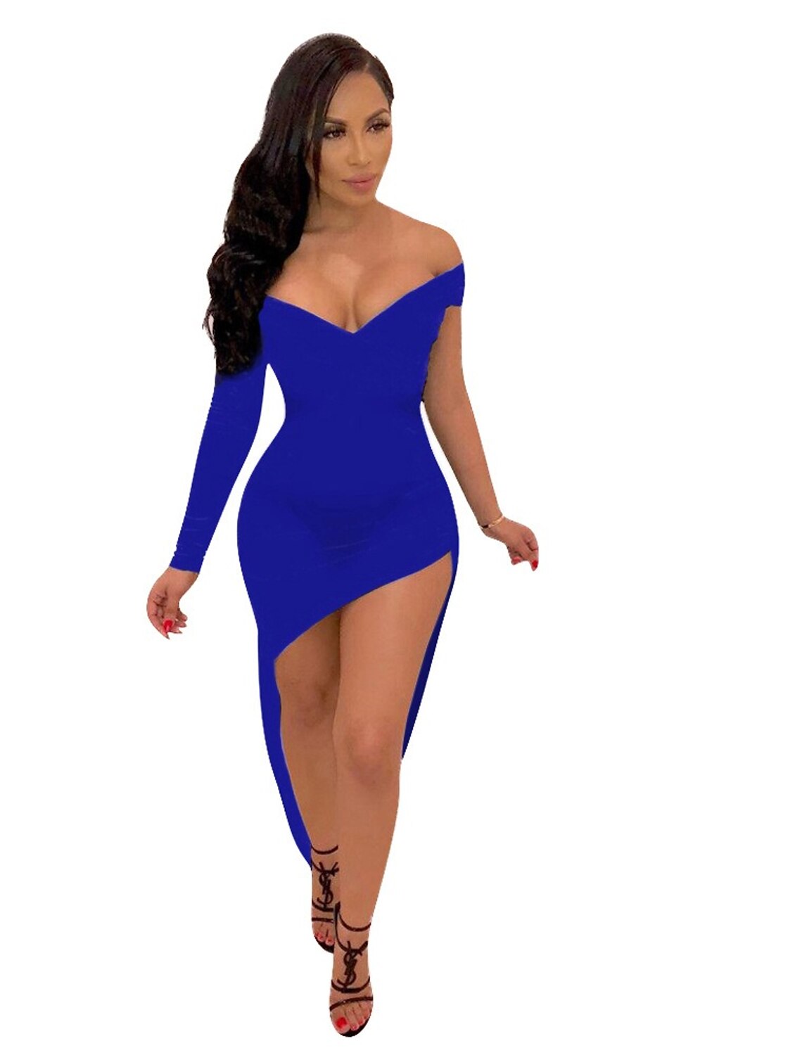 Sheath / Column Cocktail Dresses Hot Dress Holiday Party Wear Asymmetrical Long Sleeve V Neck Spandex with Sleek
