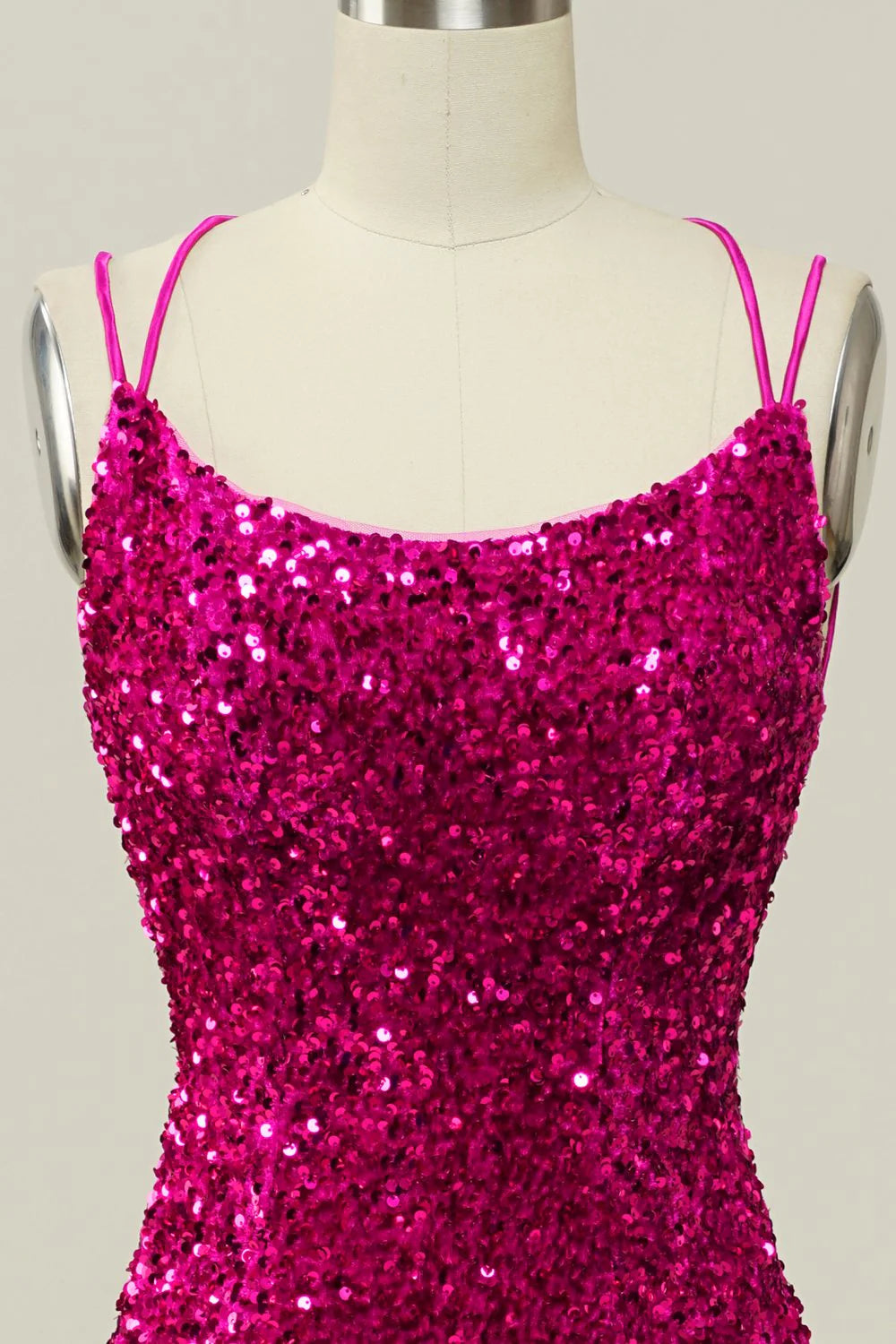 Mermaid Hot Pink Spaghetti Straps Sleek Glitter Sparking Prom Dress with Sequins