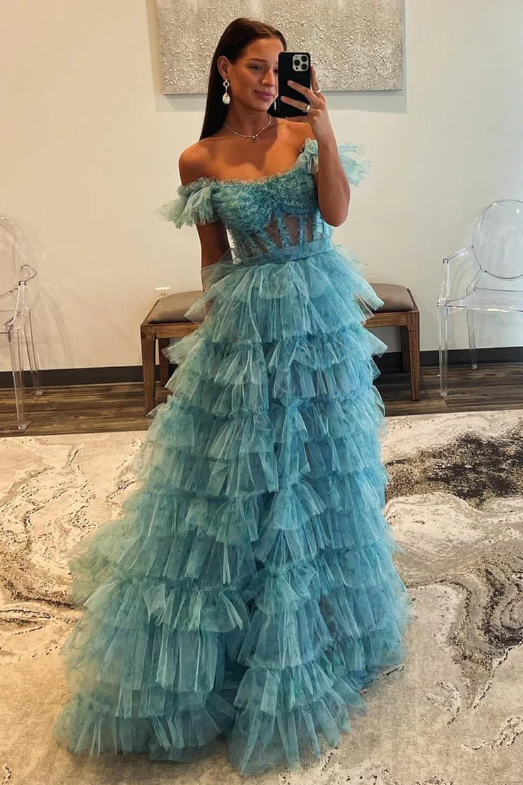 A Line Off the Shoulder Ruffle Tiered Tulle Prom Dress with Slit Beautiful