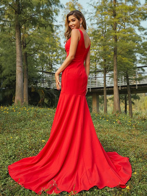 Sheath/Column Stretch Crepe Ruffles V-neck Sleeveless Sweep/Brush Train Bridesmaid Dresses Party Dresses Wedding Guest Dresses