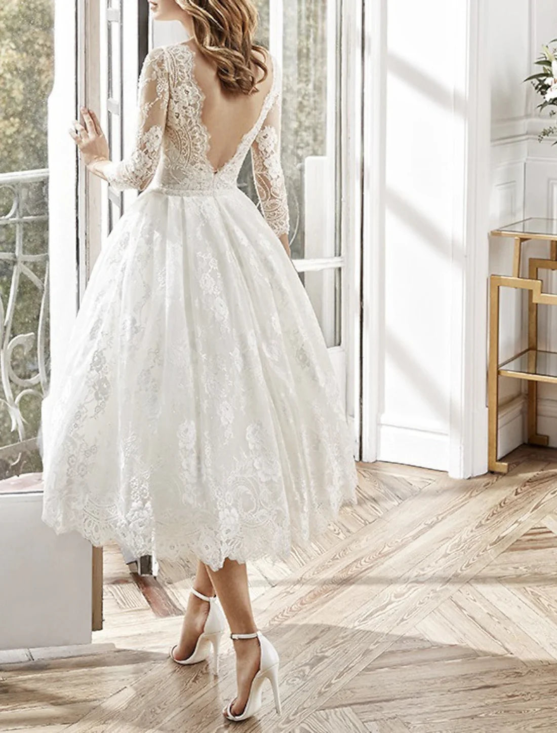 A-Line Party Lace Dresses Floral Dress Wedding Guest Homecoming Tea Length Long Sleeve Jewel Neck Polyester Backless with Appliques