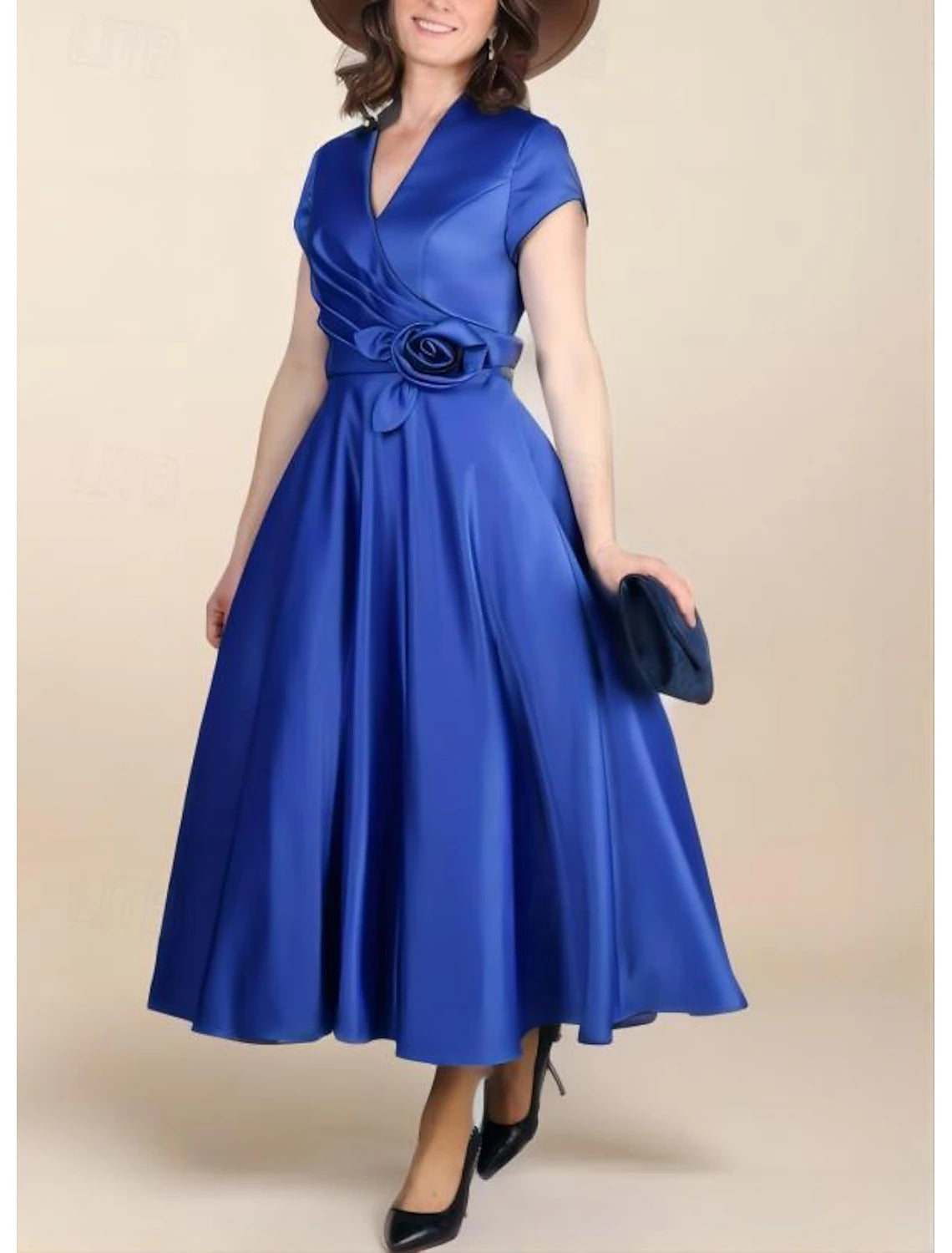 A-Line Mother of the Bride Dress V Neck Tea Length Satin Short Sleeve with Ruched Flower