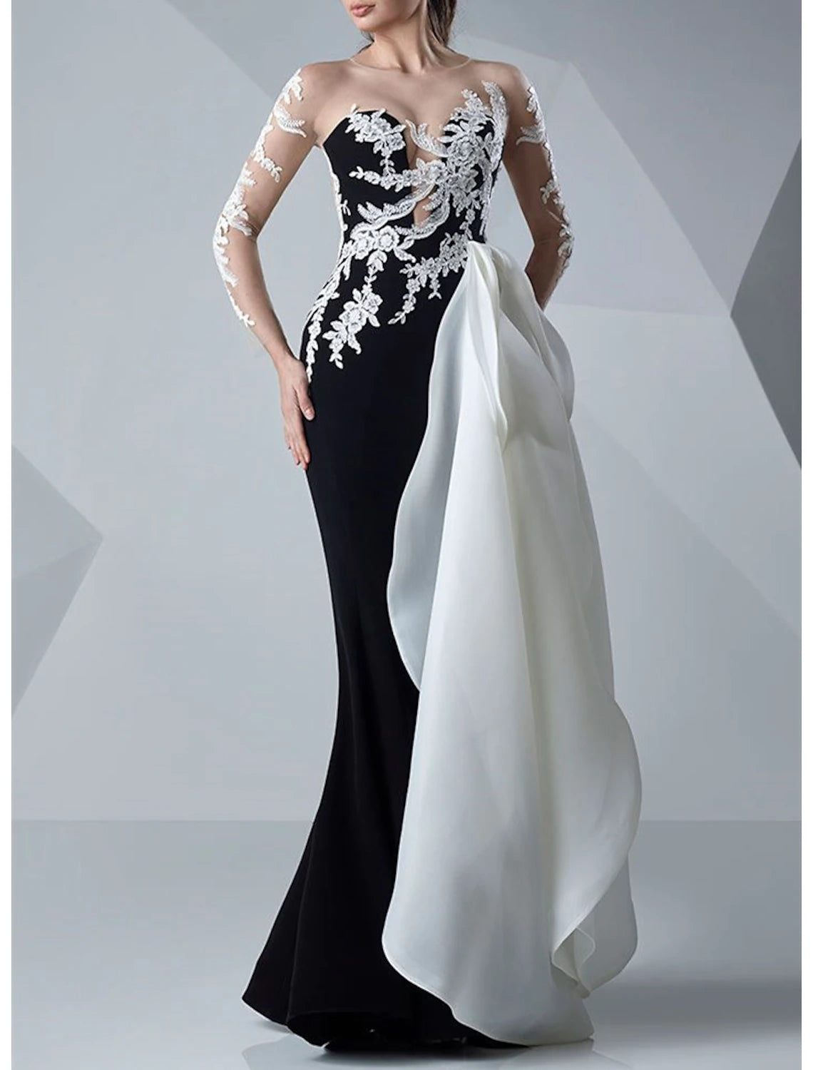 Sheath Mermaid Wedding Guest Dress Floor Length Jewel Neck Evening Gown Long Sleeve Satin Long Prom Dress with Appliques