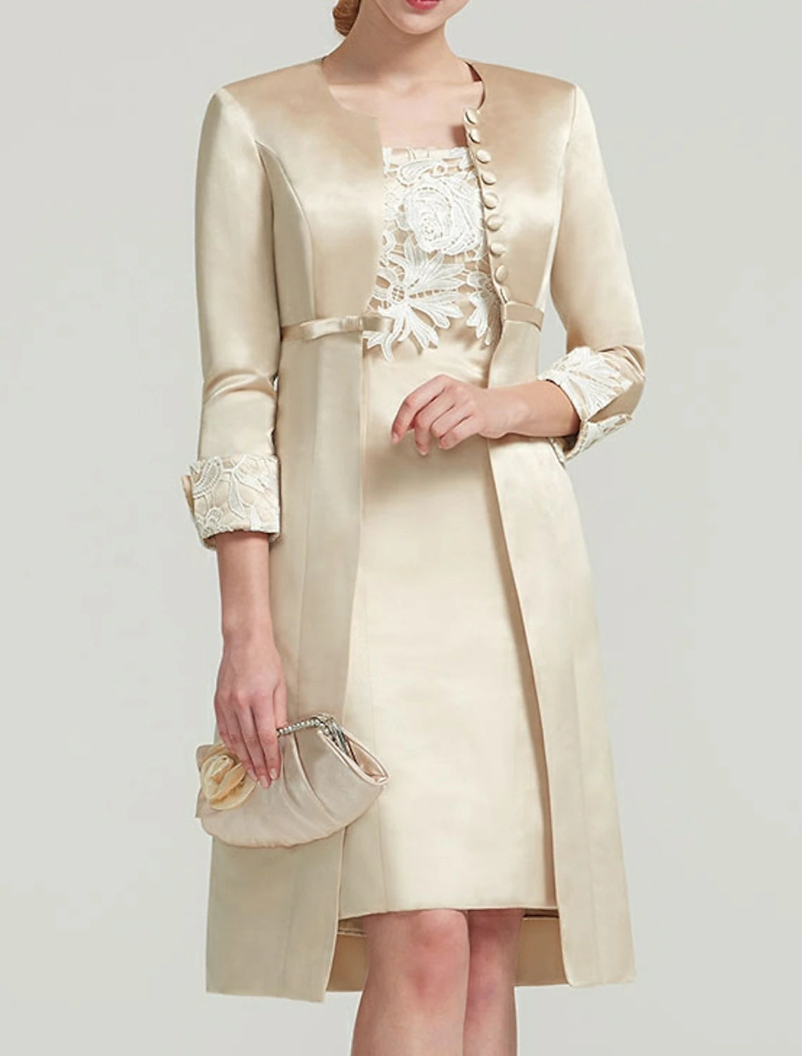 Two Pieces Sheath / Column Mother of the Bride Dress Plus Size Square Neck Knee Length Satin Lace Short Sleeve Wrap Included Jacket Dresses with Pleats Appliques