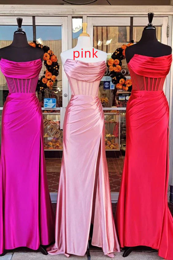 Sheath Mermaid Strapless Pleated Boning Sheer Satin Long Prom Dress with Slit