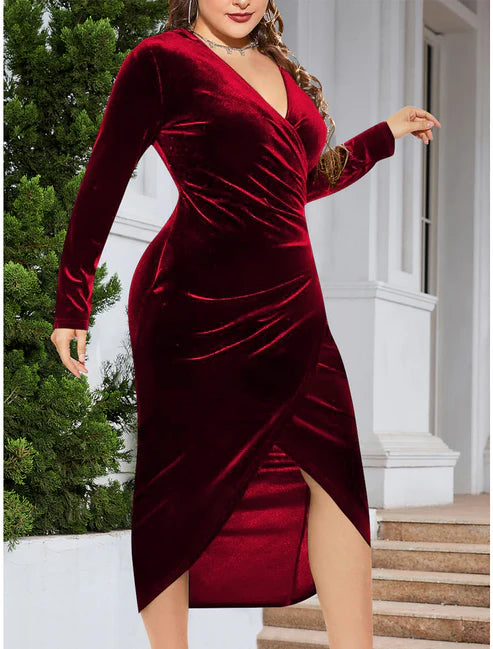 Plus Size Red Party Dress Velvet Dress Cocktail Dress Midi Dress Black Wine Dark Green Long Sleeve Pure Color Ruched Spring Fall Winter V Neck Winter Dress Wedding Guest Dresses