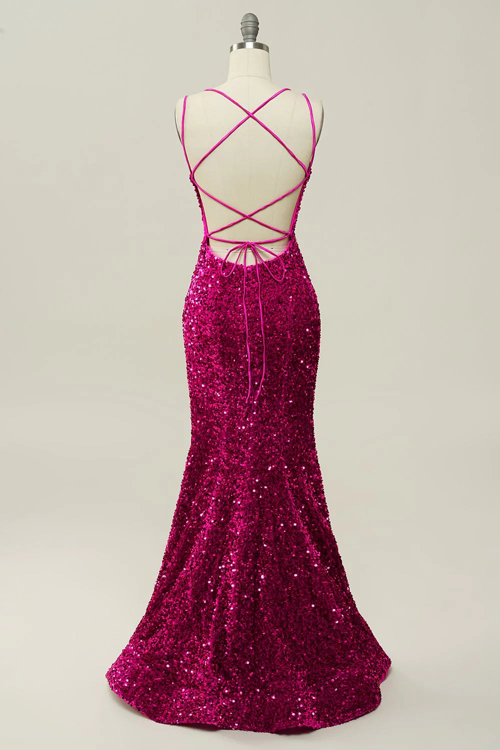 Mermaid Hot Pink Spaghetti Straps Sleek Glitter Sparking Prom Dress with Sequins