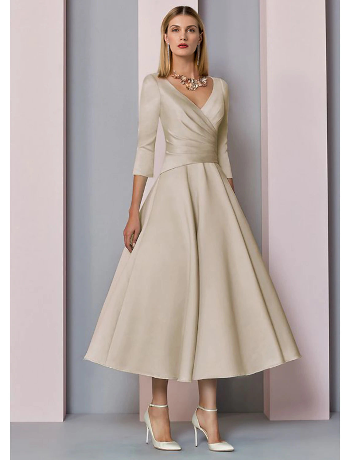 A-Line Mother of the Bride Dress Wedding Guest Elegant Vintage Plus Size V Neck Tea Length Satin 3/4 Length Sleeve with Pleats