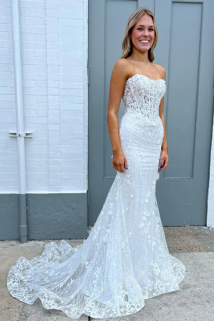 A Line Strapless Sparkly Mermaid Sweetheart Sequins Long Prom Dresses