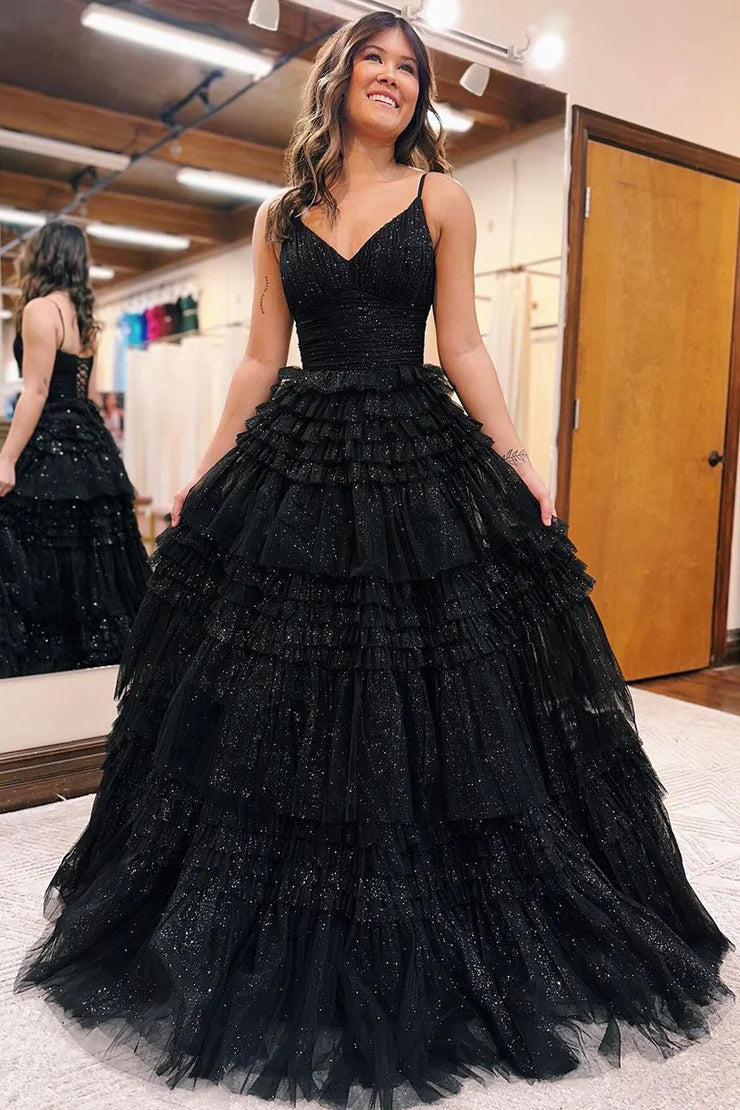 A Line Ball Gown V Neck Sparkly Black Tulle Long Prom Dresses