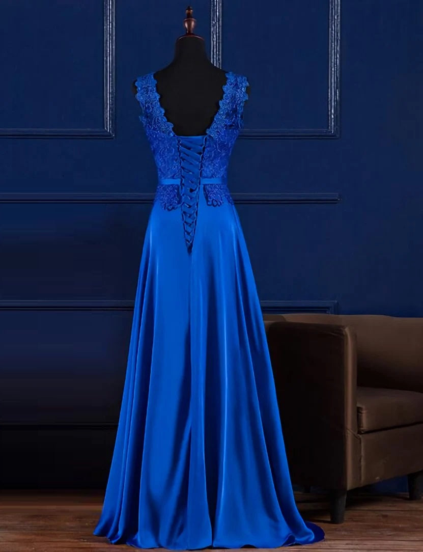 A-Line Formal Floor Length Sleeveless Long Blue Satin Prom Dress Bridesmaid Dress Wedding Guest Dresses