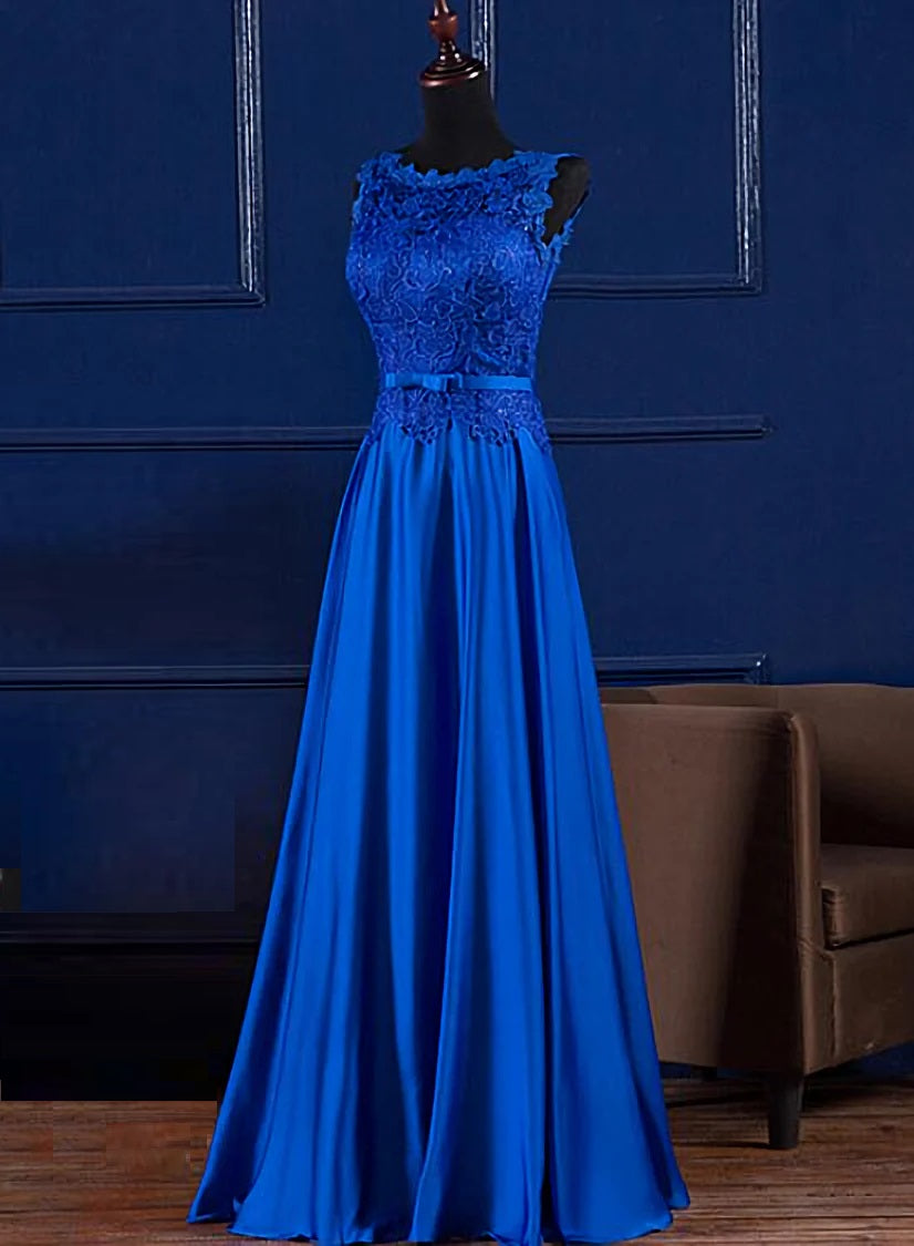 A-Line Formal Floor Length Sleeveless Long Blue Satin Prom Dress Bridesmaid Dress Wedding Guest Dresses