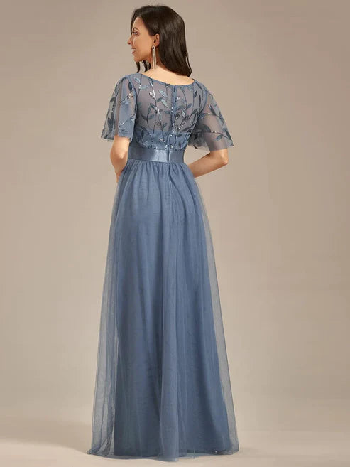 A-Line Sequin Leaf Maxi Prom Dress with Sleeves/Evening Dresses Party Dresses Wedding Guest Dresses