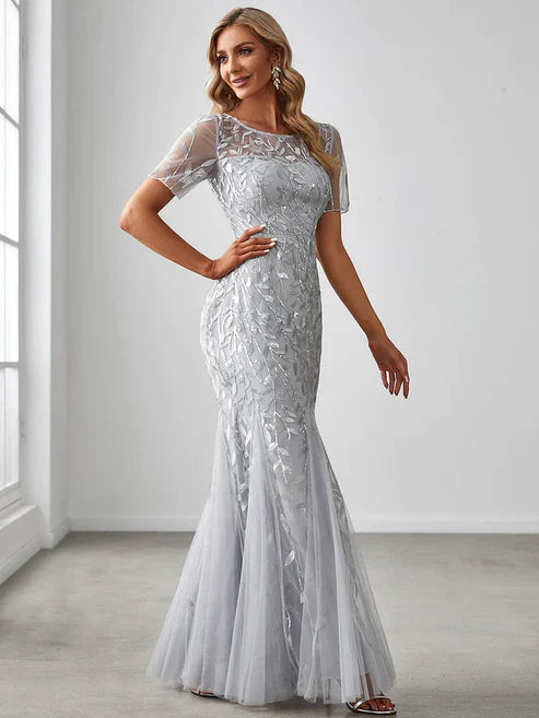 Floral Sequin Maxi Fishtail Tulle Prom Dress with Short Sleeve/From Dresses Party Dresses Wedding Guest Dresses