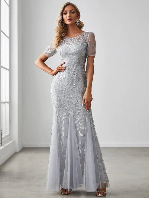 Floral Sequin Maxi Fishtail Tulle Prom Dress with Short Sleeve/From Dresses Party Dresses Wedding Guest Dresses