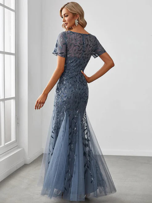 Floral Sequin Maxi Fishtail Tulle Prom Dress with Short Sleeve/From Dresses Party Dresses Wedding Guest Dresses