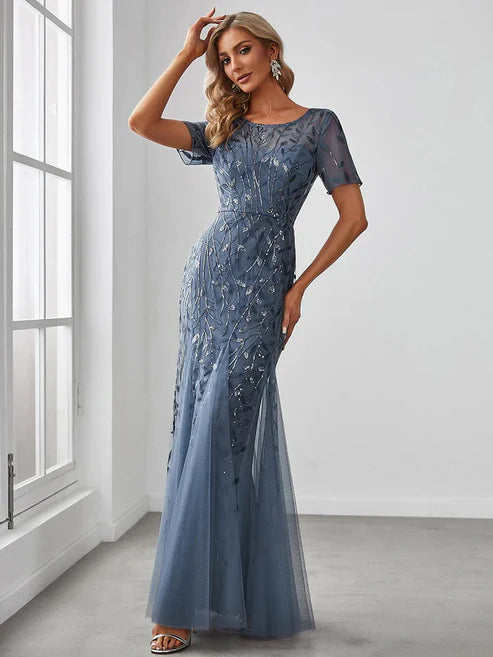 Floral Sequin Maxi Fishtail Tulle Prom Dress with Short Sleeve/From Dresses Party Dresses Wedding Guest Dresses