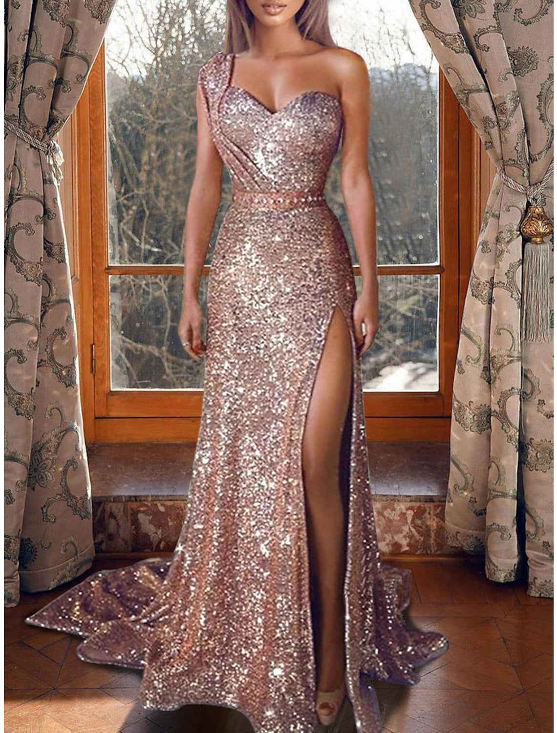 Mermaid Dress Evening Dresses Christmas Red Green Dress Sparkle & Shine Dress Prom Formal Evening Court Train One Shoulder Sleeveless Sequined with Sequin Slit
