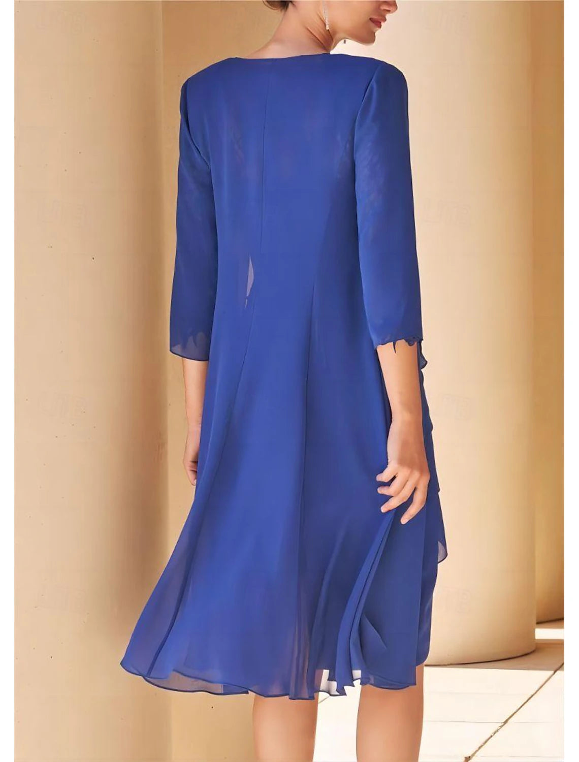 Sheath / Column Vintage Jewel Neck Tea Length Wedding Guest Chiffon Lace Short Sleeve Jacket Dresses Mother of the Bride Dress with Lace Cascading Ruffles
