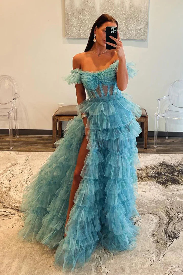 A Line Off the Shoulder Ruffle Tiered Tulle Prom Dress with Slit Beautiful