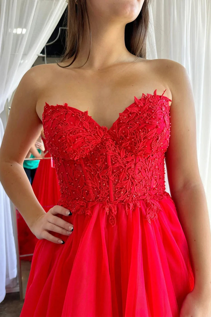 Red Tulle Strpless Ball Gown Gown Prom Dresses with Appliques