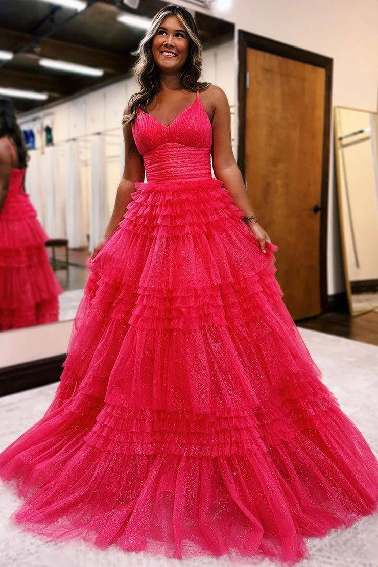 A Line Ball Gown V Neck Sparkly Black Tulle Long Prom Dresses