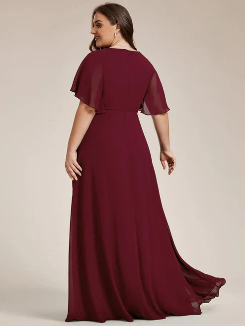 Plus Size Floral Applique Short Sleeve A-Line Chiffon Evening Dress/Prom Dresses Charming Party Dresses