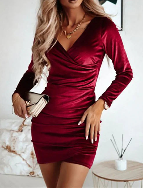 Women‘s Cocktail Party Dress Homecoming Dress Velvet Dress Long Sleeve Pure Color Ruched Winter Fall Spring V Neck Fashion Winter Dress Date
