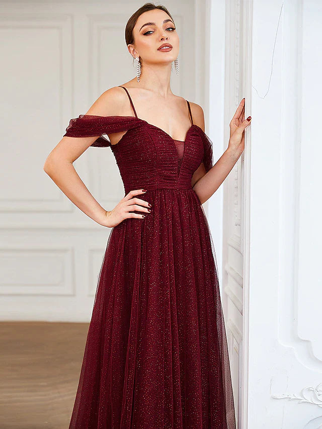 A-Line Bridesmaid Dress Spaghetti Strap / Off Shoulder Elegant Floor Length Tulle with Draping / Ruching / Solid Color