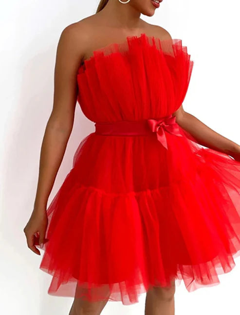Women‘s Party Dress Corset Dress Homecoming Dress Mini Dress Sleeveless Pure Color Backless Layered Mesh Strapless Party Personalized Stylish Party
