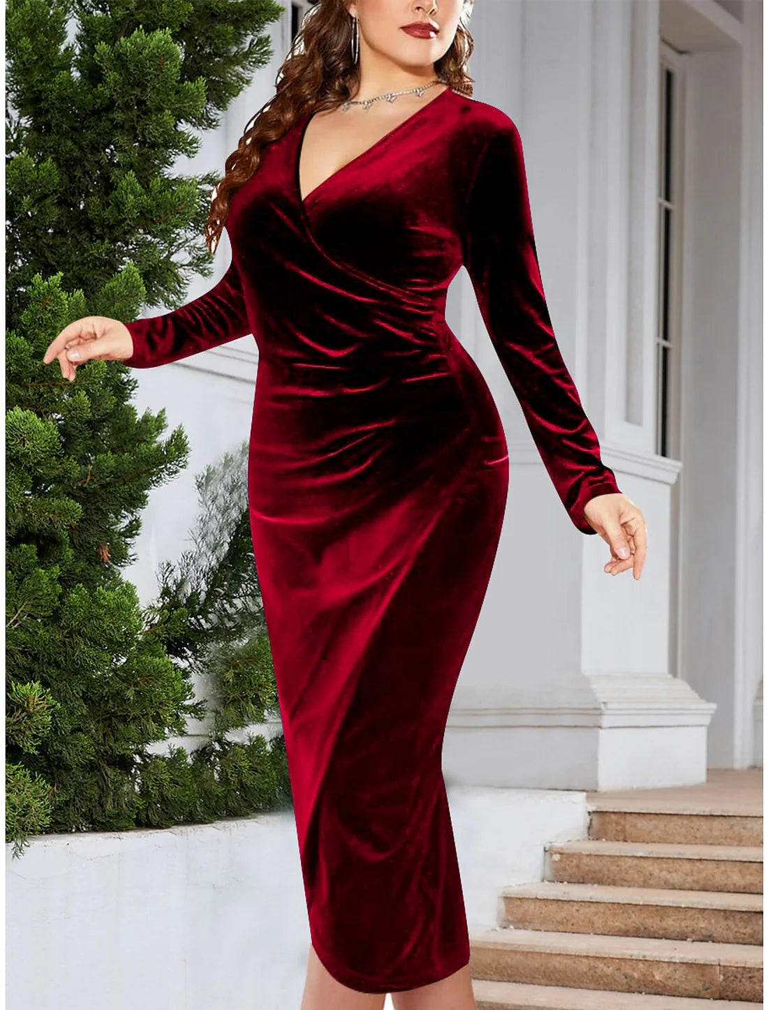Plus Size Red Party Dress Velvet Dress Cocktail Dress Midi Dress Black Wine Dark Green Long Sleeve Pure Color Ruched Spring Fall Winter V Neck Winter Dress Wedding Guest Dresses