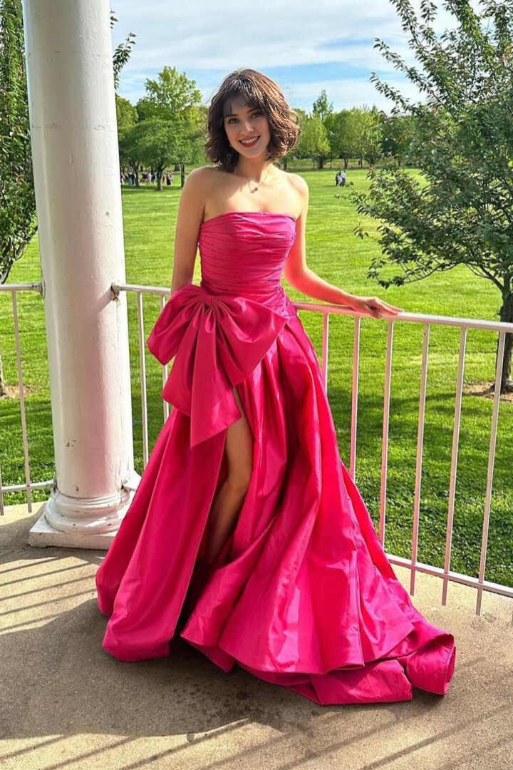 A-Line Strapless Sweep/Brush Train Dresses Light Blue Satin Long Prom Dress with Bow