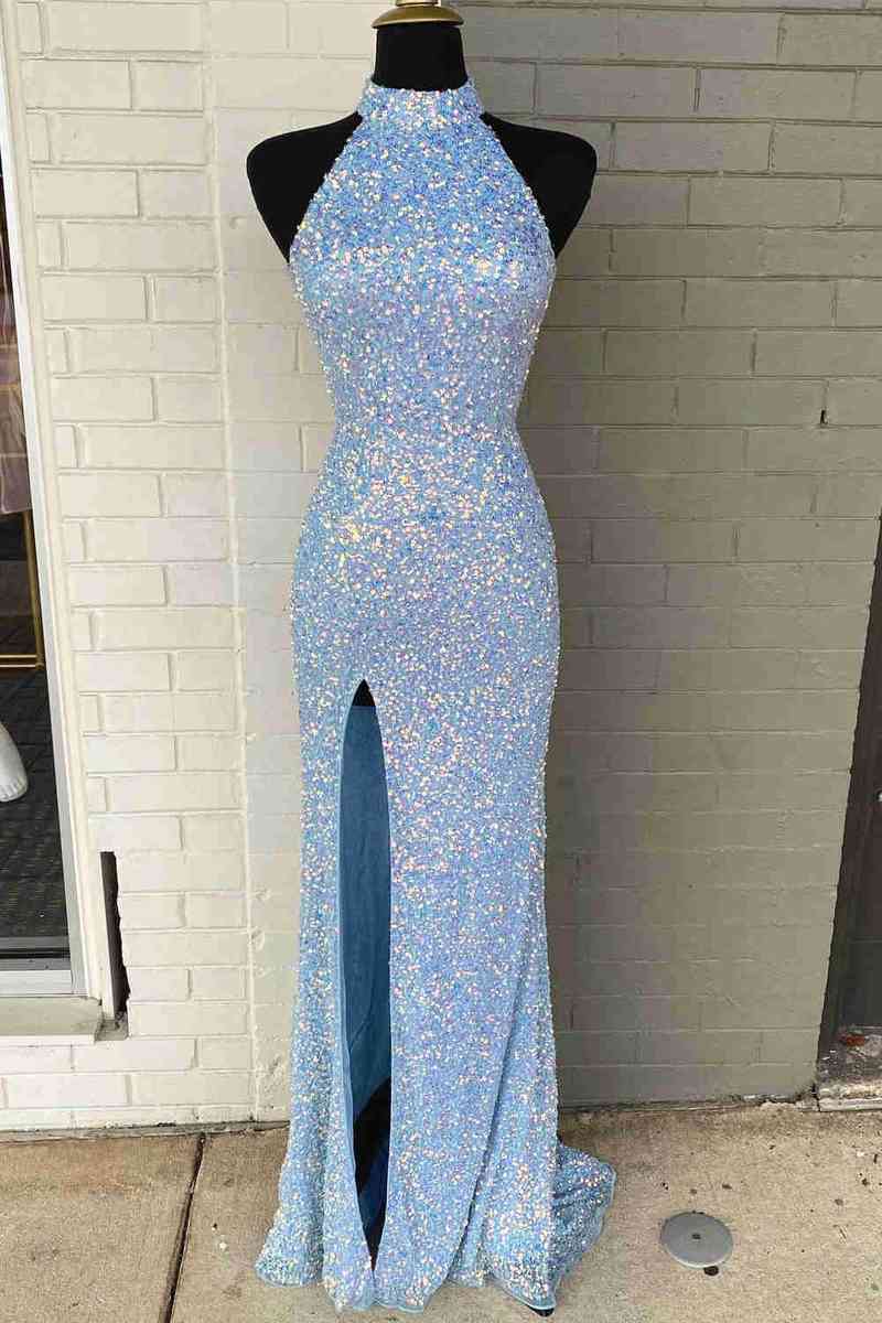 Sweep/Brush Train Dresses Shine Sequins High Neck Royal Blue Long Party Dress with Slit