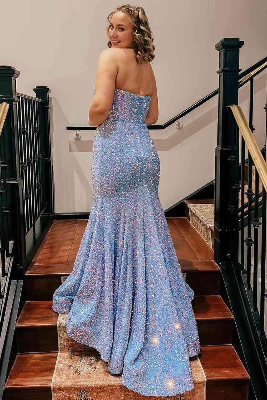 Sheath Mermaid Light Blue Sweep/Brush Train Dresses Sparking Sequin Long Prom Dress