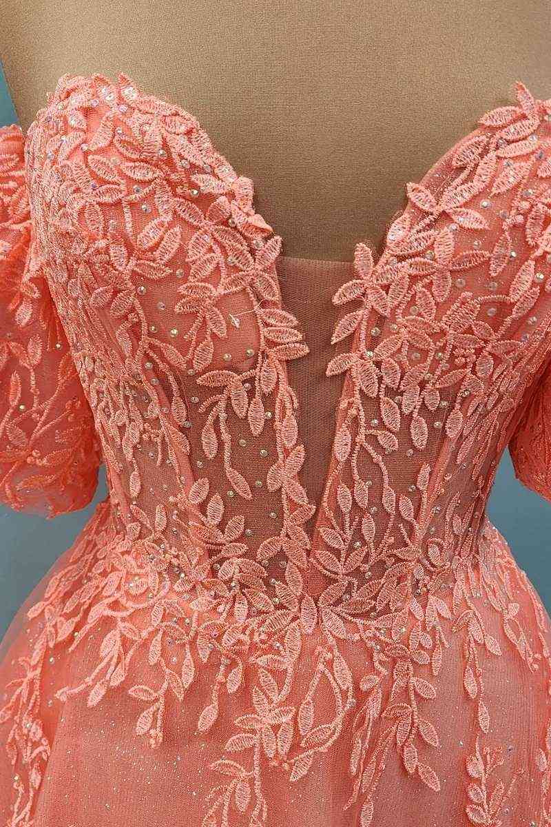 A-line Off the Shoulder V Neck Tulle Applique Lace-Up Back Long Prom Dress