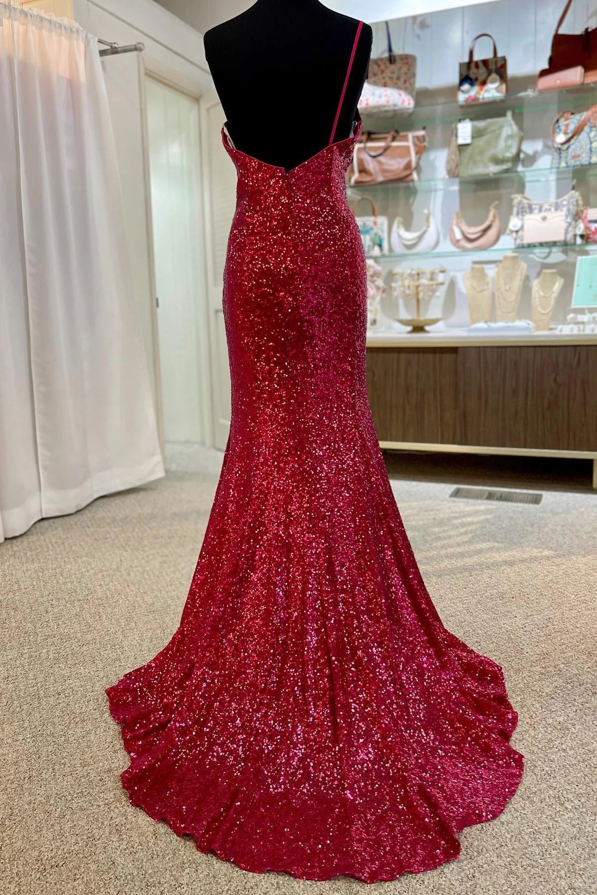 Sheath Mermaid One Shoulder Sweep/Brush Train Dresses Sequins Long Prom Dress with Slit