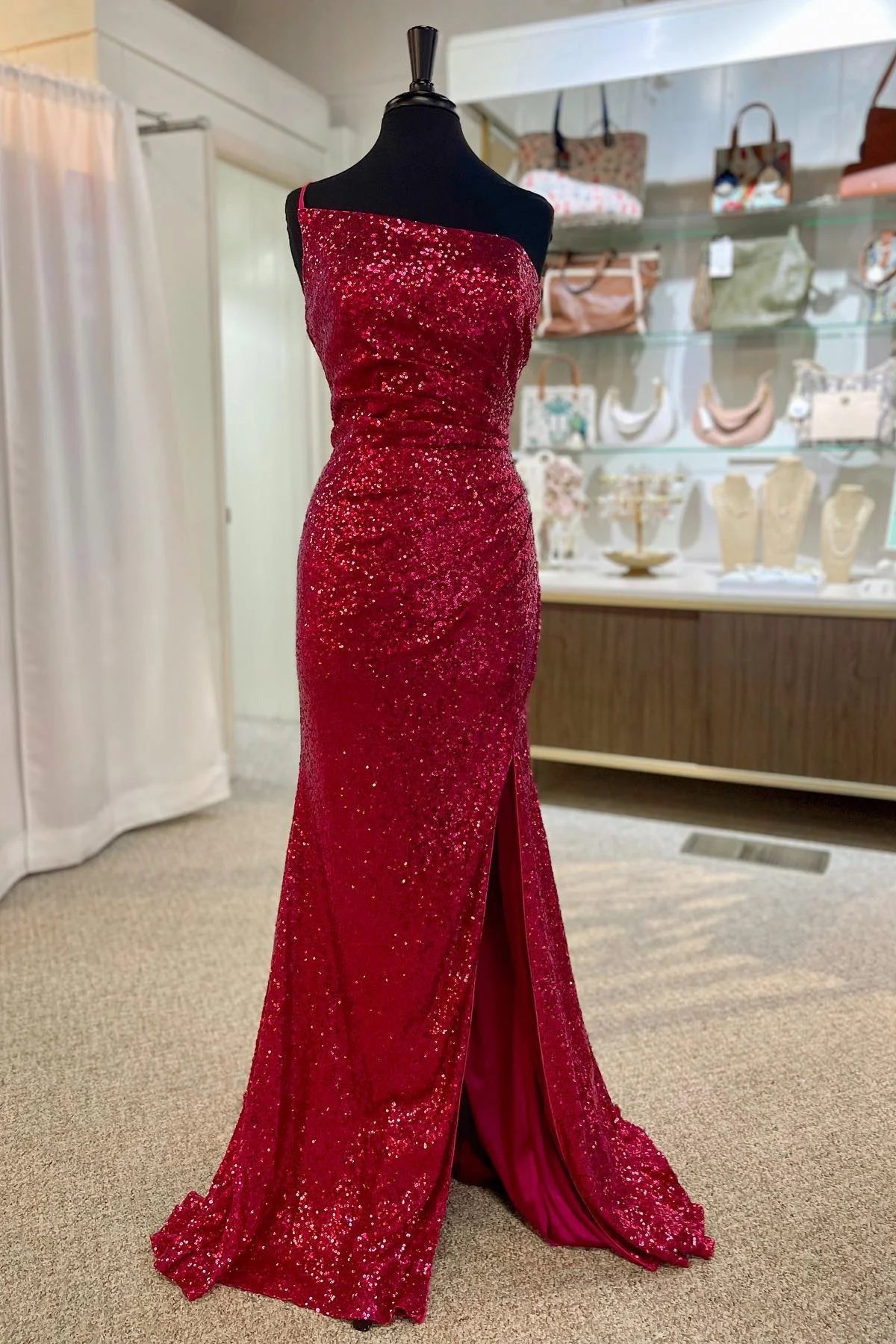 Sheath Mermaid One Shoulder Sweep/Brush Train Dresses Sequins Long Prom Dress with Slit