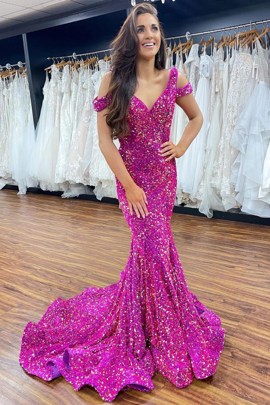 Sheath Mermaid Off-the-Shoulder Sweep/Brush Train Dresses Fuchsia Sleek Glitter Sparking Sequins Long Prom Dress