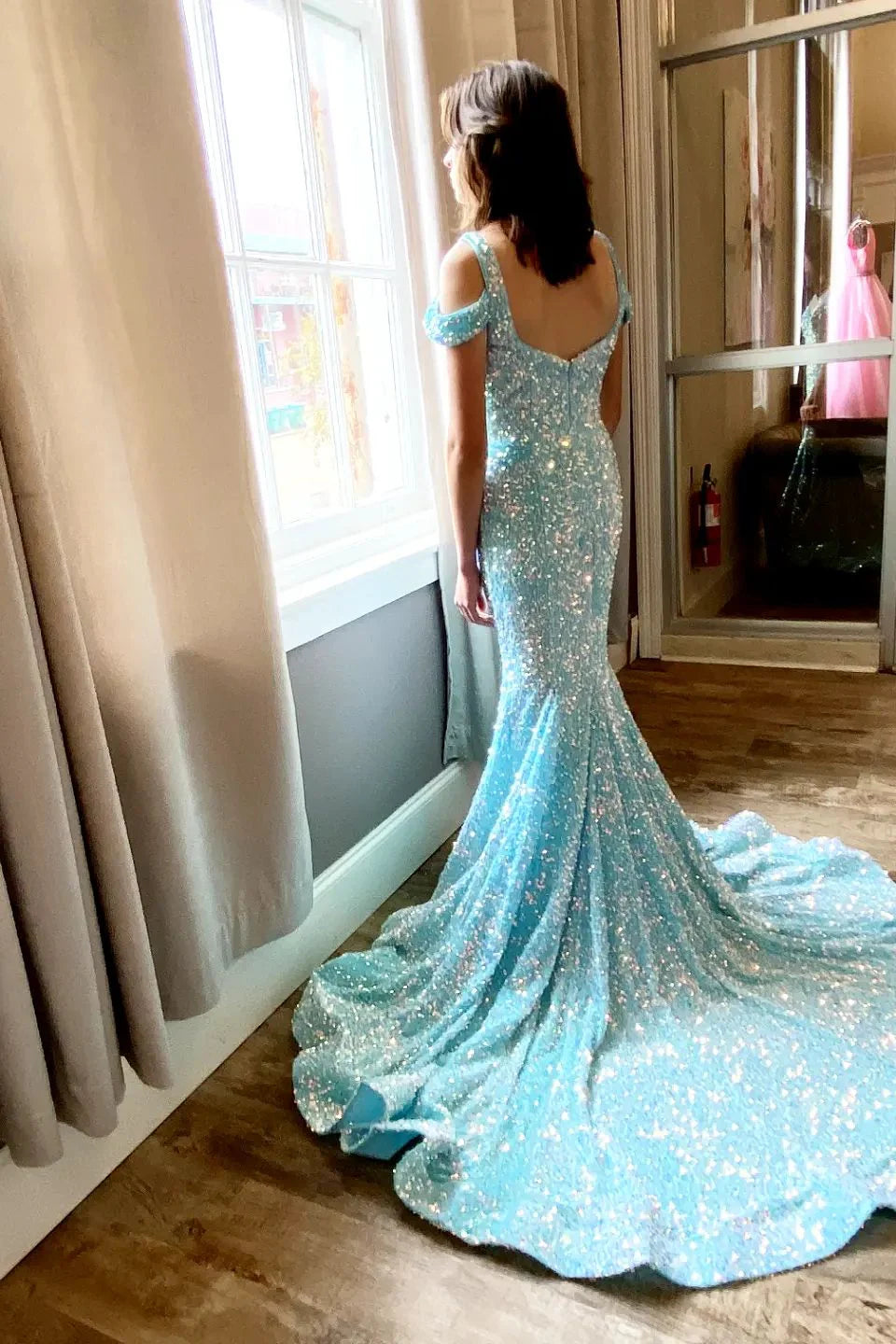 Sheath Mermaid Off-the-Shoulder Sweep/Brush Train Dresses Fuchsia Sleek Glitter Sparking Sequins Long Prom Dress