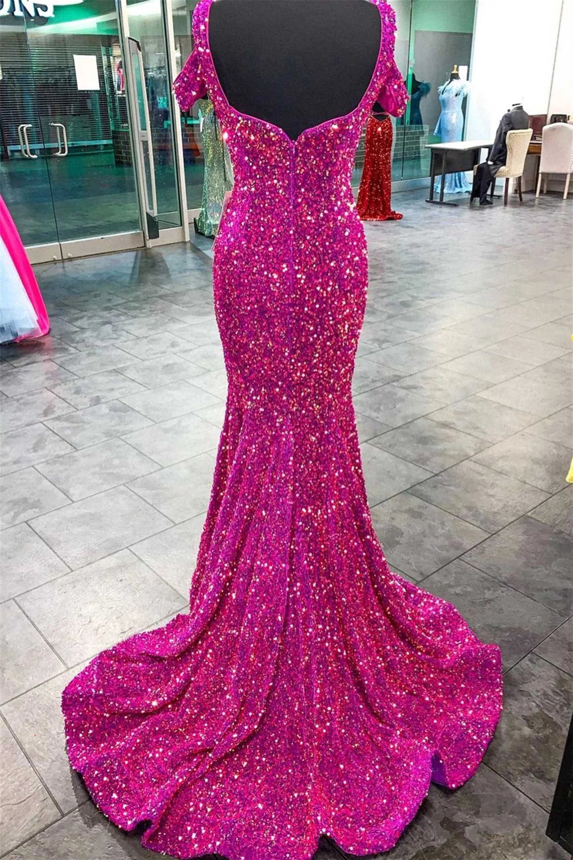 Sheath Mermaid Off-the-Shoulder Sweep/Brush Train Dresses Fuchsia Sleek Glitter Sparking Sequins Long Prom Dress