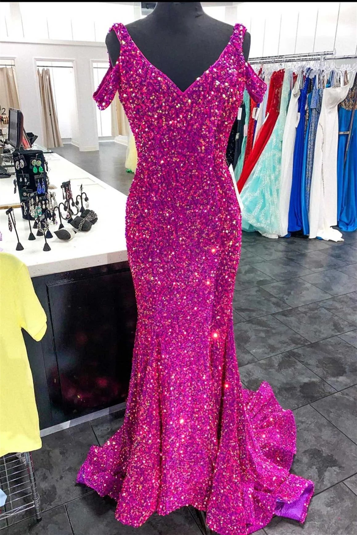 Sheath Mermaid Off-the-Shoulder Sweep/Brush Train Dresses Fuchsia Sleek Glitter Sparking Sequins Long Prom Dress
