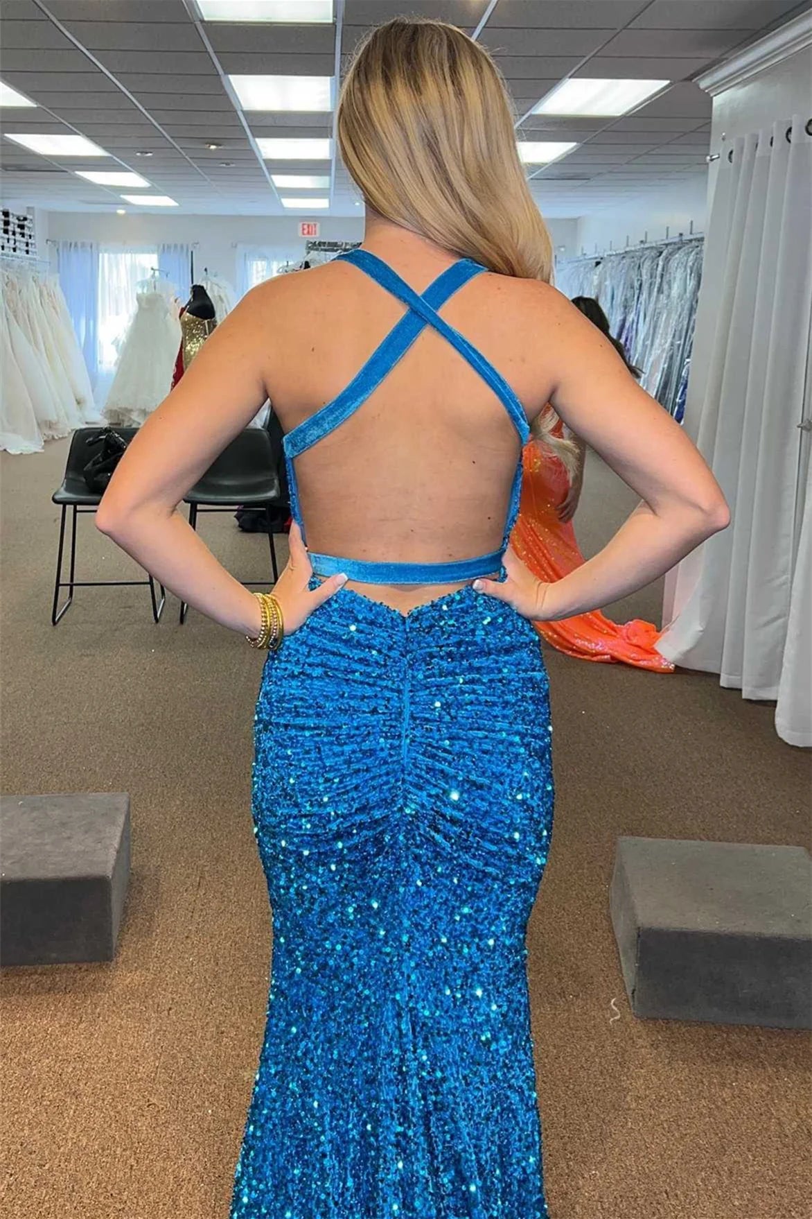 Sheath Mermaid V Neck Crossed Back Glitter Sparking Sequins Sweeping Long Prom Dress