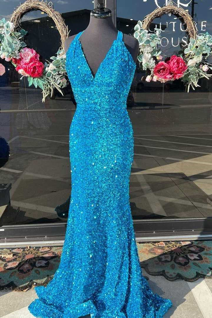 Sheath Mermaid V Neck Crossed Back Glitter Sparking Sequins Sweeping Long Prom Dress