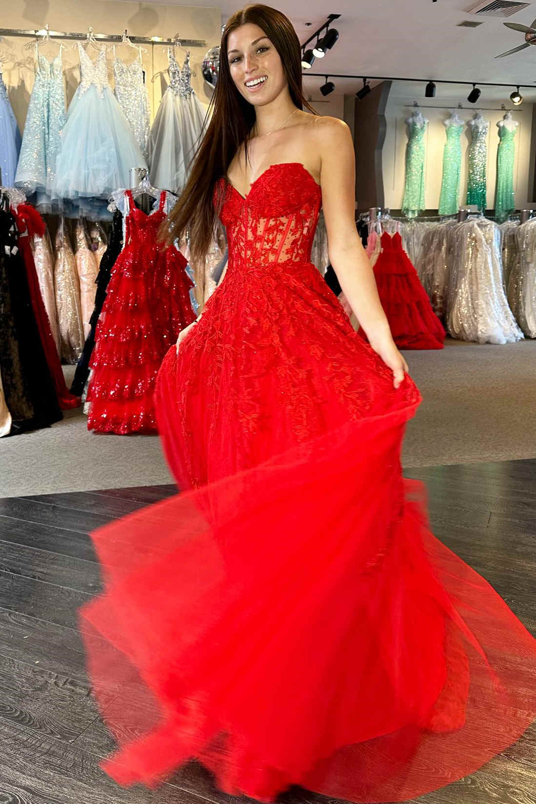 A-Line Sweetheart Red Royal Blue Lavender Lace Corset Long Prom Dress With Appliques