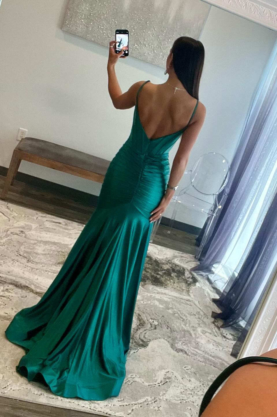 Sheath Mermaid Spaghetti Straps V Neck Sweep/Brush Train Dresses Pleated Satin Prom Dress