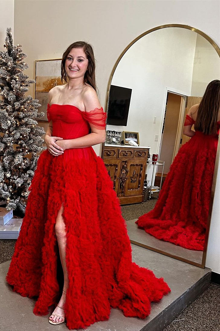 A-Line Off the Shoulder Sweep/Brush Train Dresses Ruffle Prom Dress with Slit