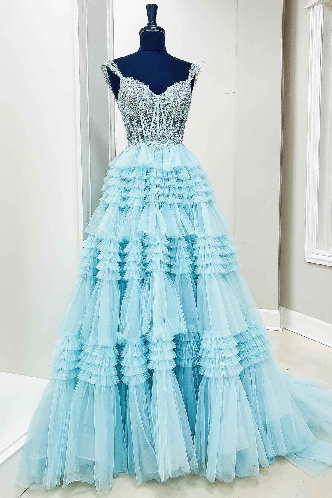Sheath Tiered Lavender Off the Shoulder Sweep/Brush Train Dresses Lace Corset Prom Dress With Ruffle Beautiful