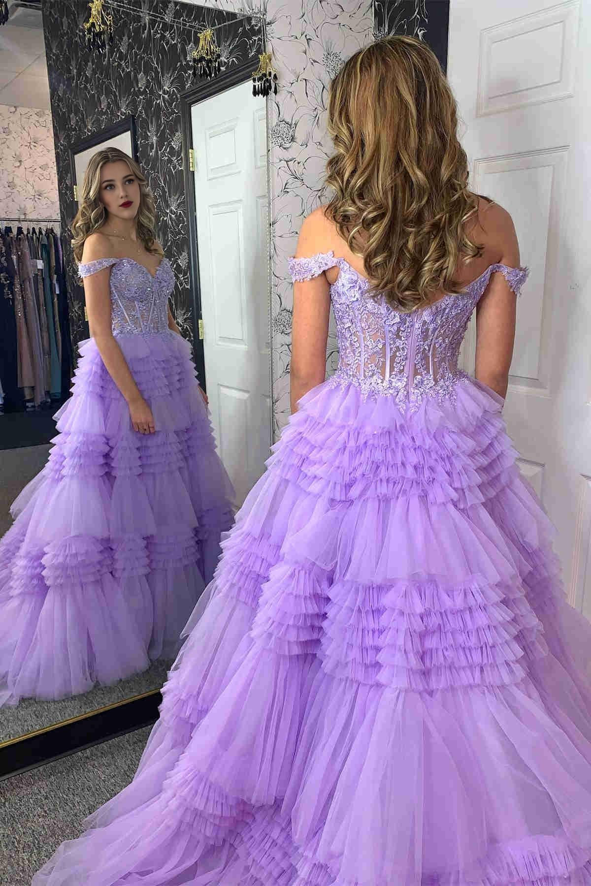 Sheath Tiered Lavender Off the Shoulder Sweep/Brush Train Dresses Lace Corset Prom Dress With Ruffle Beautiful