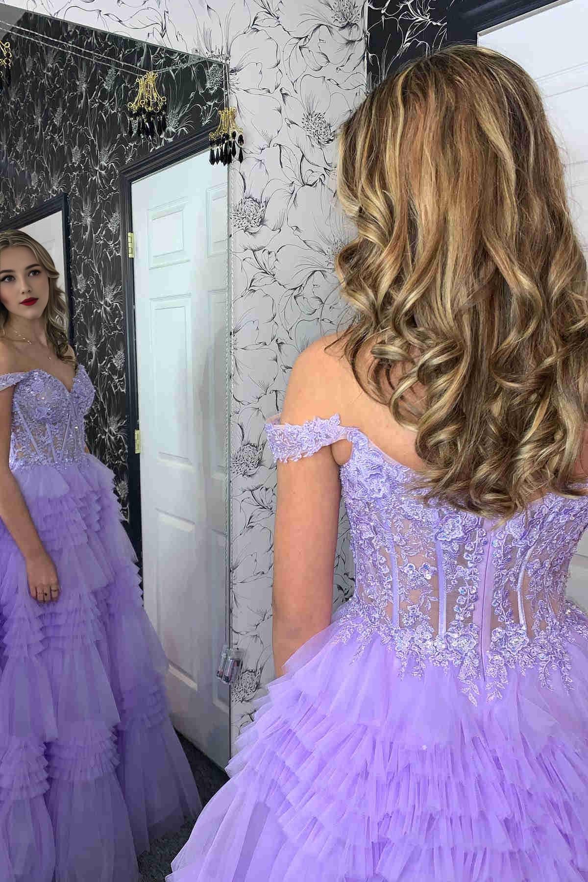 Sheath Tiered Lavender Off the Shoulder Sweep/Brush Train Dresses Lace Corset Prom Dress With Ruffle Beautiful