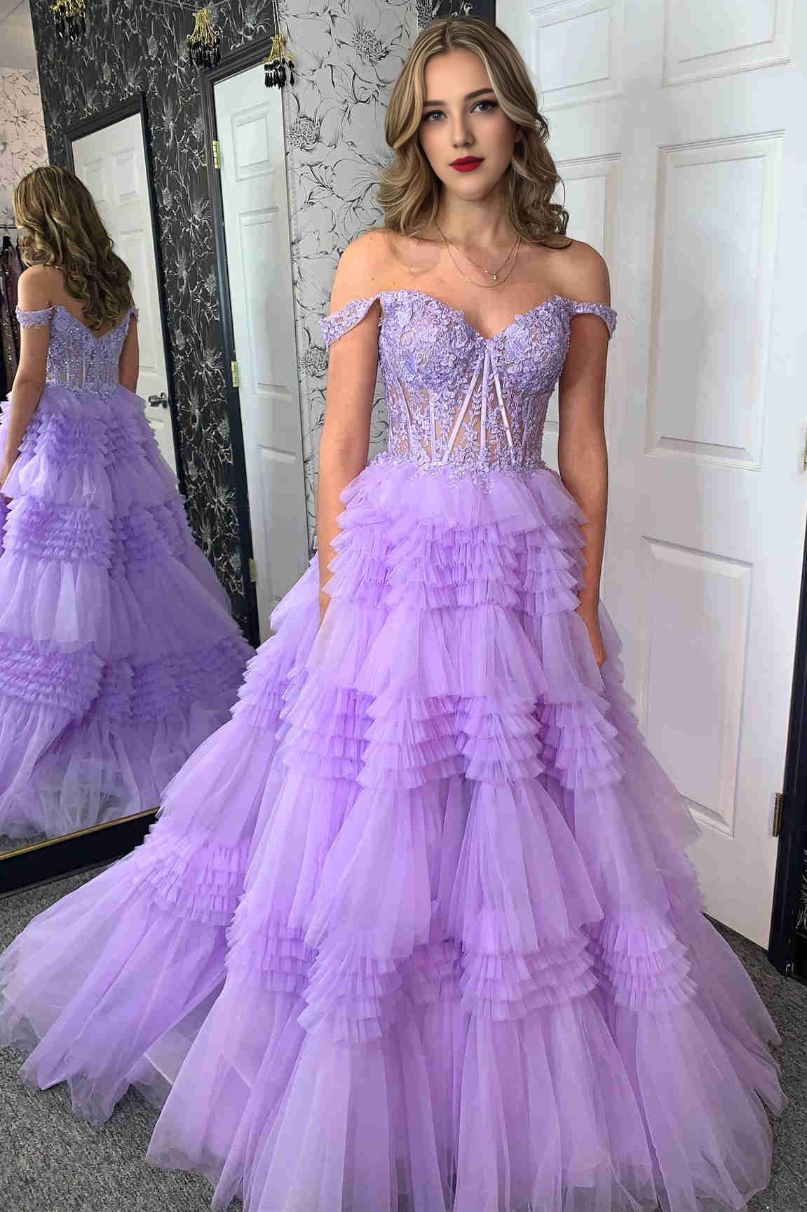 Sheath Tiered Lavender Off the Shoulder Sweep/Brush Train Dresses Lace Corset Prom Dress With Ruffle Beautiful